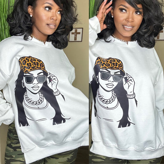 Custom Exclusive Cheetah Hat Girl Ripped Detail Baddie Crewneck